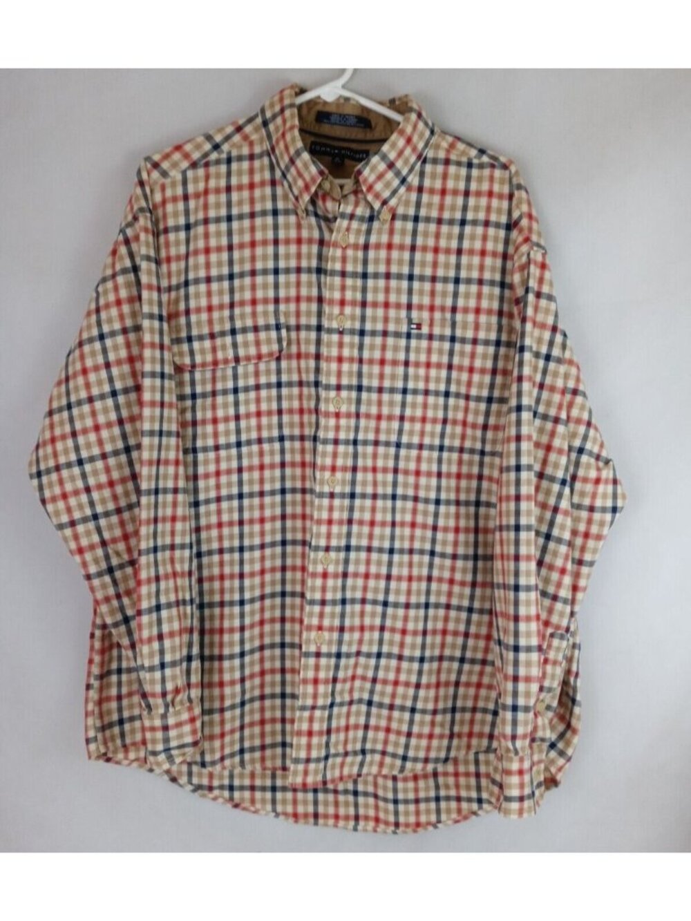 Vintage Tommy Hilfiger Men's Red & Blue Checkered Casual Dress Shirt Size XL
